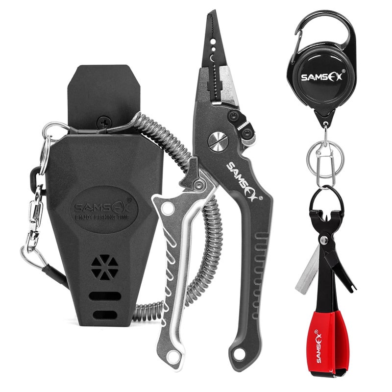 SAMSFX Aluminum Fishing Pliers Hook Remover Braid Line Cutter with Coiled Lanyard, Fly Fishing Knot Tying Tool & Retractors (Silver & Gray Handle, Split Ring Nose) - Image 1